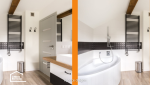 Aménagement de salle de bain à Agen avec WC suspendu, meuble vasque et rangements noirs sur mesure.