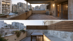 Avant-après d’une terrasse d’appartement rénovée avec pergola bioclimatique, carrelage extérieur, banc maçonné, claustra bois et éclairage intégré.