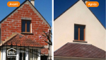 - Chantier de ravalement de façade près d’Agen, avec reprise du pignon en briques et intervention sur échafaudage.