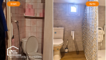 Avant/après d’une salle de bain repensée pour améliorer l’accessibilité, supprimer les obstacles et faciliter les déplacements au quotidien.