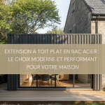 Vue extérieure d'une extension de maison moderne avec toit plat en bac acier gris anthracite et grandes baies vitrées.