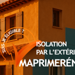 Maison avec panneaux d’isolation extérieure posés sur la façade, visuel “Suis-je éligible ? MaPrimeRénov’ — isolation par l’extérieur”.