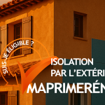Maison avec panneaux d’isolation extérieure posés sur la façade, visuel “Suis-je éligible ? MaPrimeRénov’ — isolation par l’extérieur”.