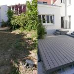 Avant/après d’un aménagement de terrasse grise dans une cour extérieure avec bacs plantés près de Colmar.