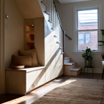 Aménagement sous escalier avec rangements sur mesure et assise intégrée
