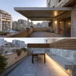 Avant-après d’une terrasse d’appartement rénovée avec pergola bioclimatique, carrelage extérieur, banc maçonné, claustra bois et éclairage intégré.