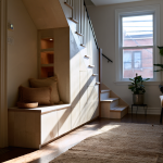 Aménagement sous escalier avec rangements sur mesure et assise intégrée