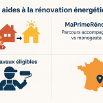 Infographie sur les aides à la rénovation énergétique : MaPrimeRénov’, travaux éligibles, parcours accompagné vs monogeste, localisation dans le Var.