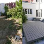 Avant/après d’un aménagement de terrasse grise dans une cour extérieure avec bacs plantés près de Colmar.