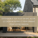 Vue extérieure d'une extension de maison moderne avec toit plat en bac acier gris anthracite et grandes baies vitrées.