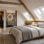 Suite parentale moderne aménagée sous les combles avec fenêtres de toit et rangements intégrés