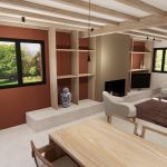 Vue 3D aménagement autour de la cheminée