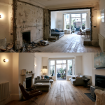Avant après d’un salon en rénovation avec ouverture entre deux pièces, murs repris, parquet bois rénové et espace de vie lumineux.