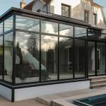 Véranda acier prfilés marches accès près piscine