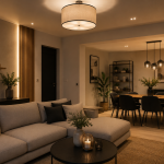 Salon et salle à manger modernes avec éclairage d'ambiance, suspension design et luminaires LED créant une atmosphère chaleureuse.