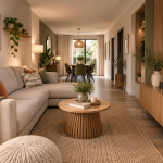 Salon en longueur lumineux avec canapé beige, meuble TV en bois, parquet et espace salle à manger au fond de la pièce.