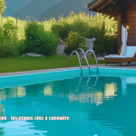 Piscine rénovée dans un jardin de chalet en Haute-Savoie avec transats, verdure et montagnes en arrière-plan, accompagnée du texte "Rénovation d’une piscine : les étapes clés à connaître