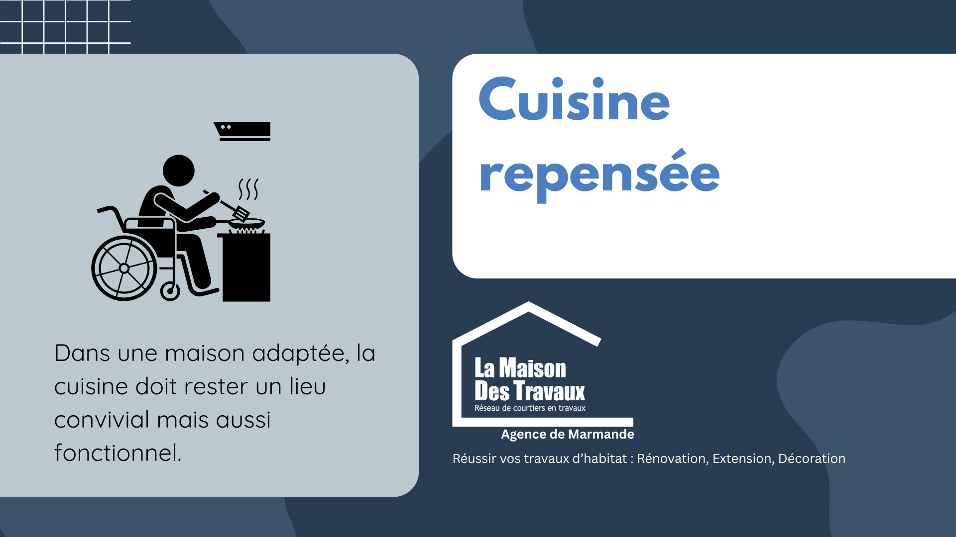 Une cuisine adaptée PMR, pratique et conviviale, pensée pour le confort et l’autonomie.