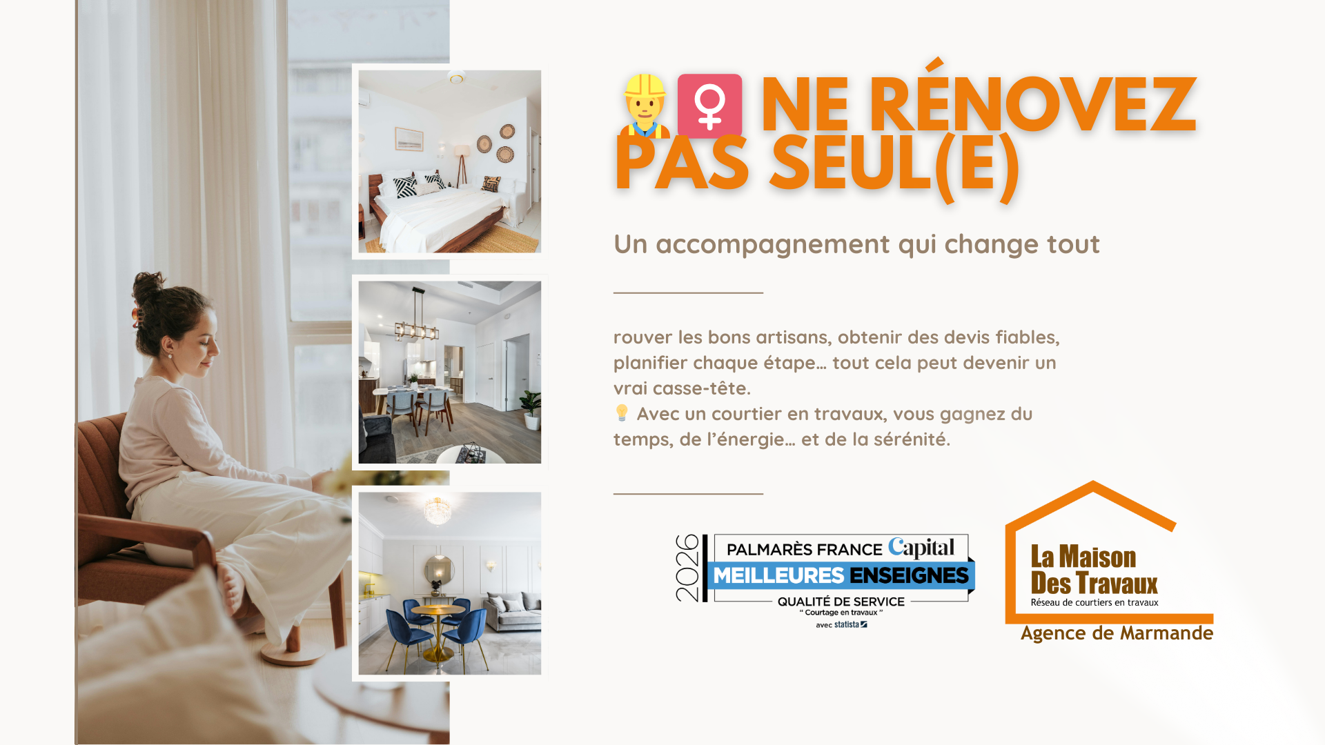 Trouver les bons artisans, obtenir des devis fiables, planifier les étapes… Avec Sandrine Férin, vous êtes accompagné(e) du début à la fin, sans stress ni mauvaises surprises.