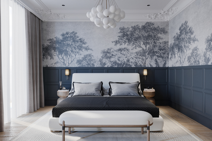 Lambris et moulures, avec un joli papier peint panoramique