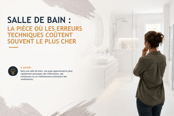 Salle de bain moderne avec douche vitrée et ambiance épurée illustrant les risques d’une mauvaise rénovation technique. Visuel informatif sur l’étanchéité, les infiltrations et l’importance des finitions dans une rénovation de salle de bain à Agen.