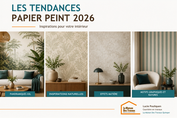 Panoramiques XXL, inspirations naturelles, effets matière et motifs graphiques : découvrez les tendances papier peint 2026 pour moderniser votre intérieur à Quimper.
