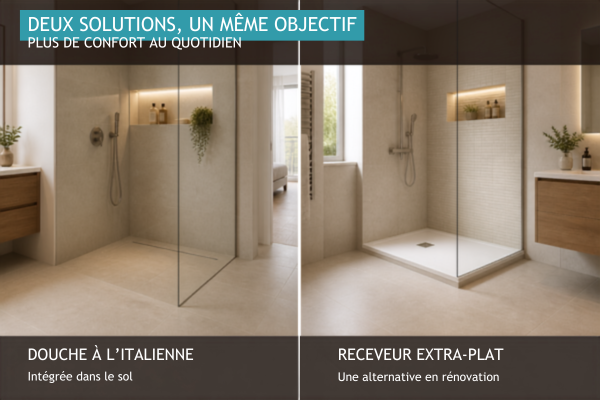 Comparatif entre douche italienne et receveur extra-plat pour choisir la solution adaptée à votre rénovation de salle de bain à Agen.
